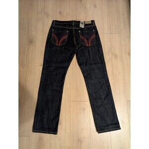 Y2K Clench Jeans 38x34 (Fits 38x36) Raw Indigo Embroidered Pockets Straight Leg